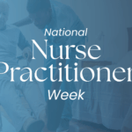 Male nurse in scrubs assists older male patient in a wheelchair beside a bed. White text on a blue overlay reads 