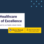 Title slide with for the 2026 Healthcare Circle of Excellence Slideshow, on a blue rectangular background with the CCR Logo, Liberty Mutual Insurance logo, and Ironshore logo