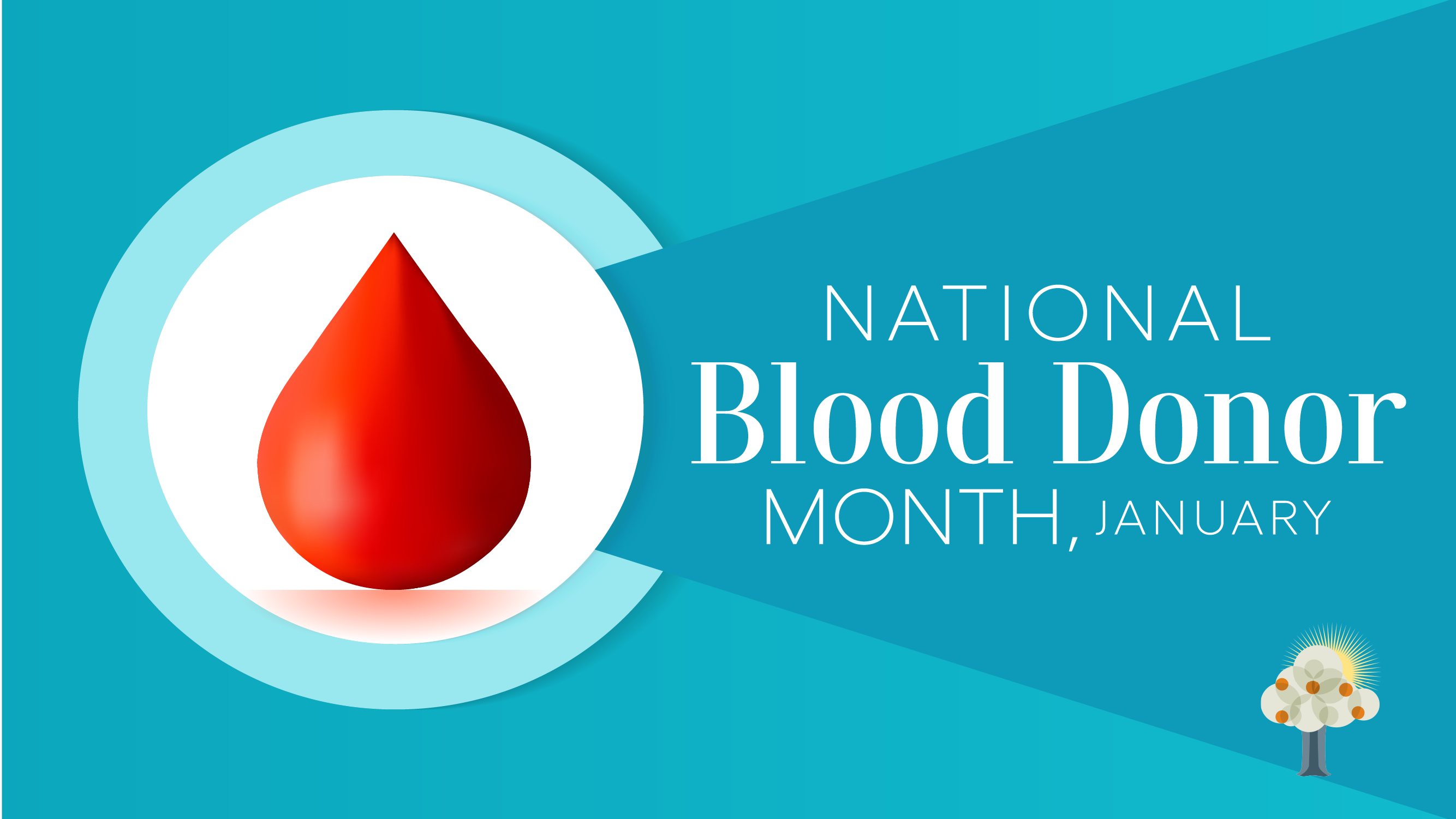 Red droplet of blood in a white circle on a dark blue background beside white text that reads "National Blood Donor Month, January" with the CCR logo in the bottom right corner