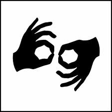 outlines of two hands, one with fingers pointing upward, the other downward, with their thumbs and forefingers together to make circles